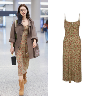 徐若晗明星同款咖色碎花吊带连衣裙女复古印花中长裙美拉德裙子夏