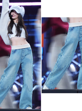 吴宣仪同款水洗蓝翻边阔腿牛仔裤女美式低腰长裤y2k高腰直筒裤子