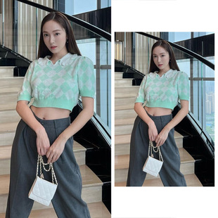 郑秀妍明星同款薄荷绿短袖针织衫女薄款法式翻领荷叶边泡泡袖上衣