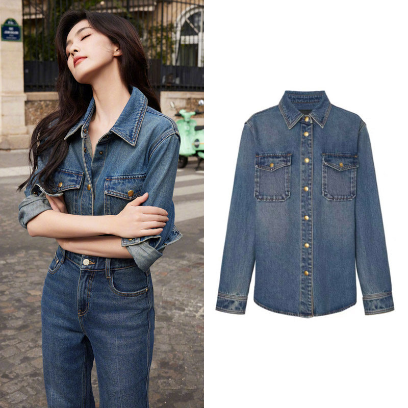 白鹿明星同款蓝色长袖牛仔衬衫女复古翻领衬衣外套休闲港风上衣秋