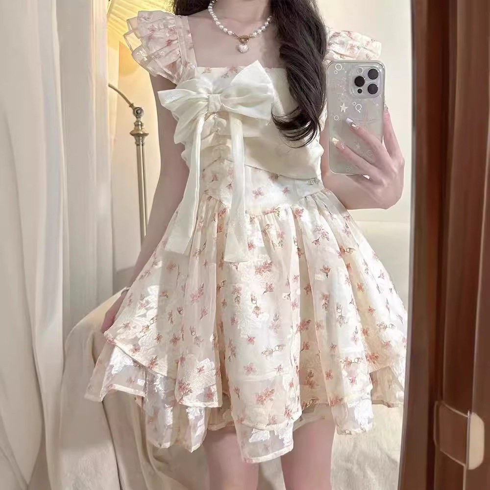 法式甜美小飞袖碎花连衣裙女夏