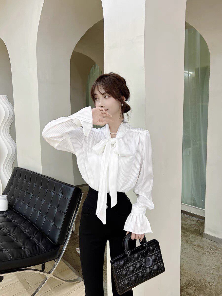 卡卡女装正品法式气质绑带衬衫蝴蝶结泡泡袖上衣雪纺衬衣