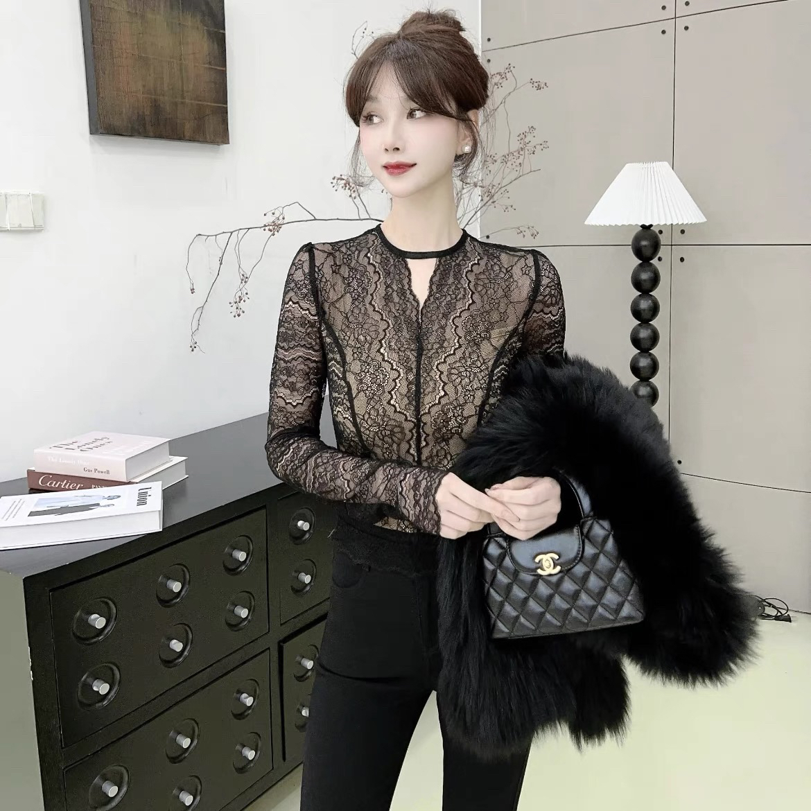 卡卡女装官方旗舰正品气质御姐高级感蕾丝打底衫透视长袖内搭上衣