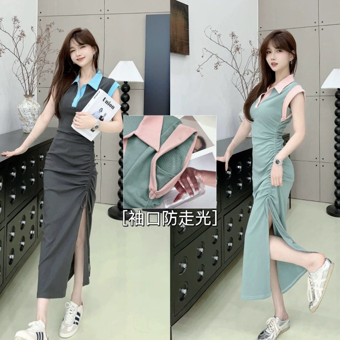 卡卡正品撞色Polo领抽绳连衣裙