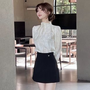 卡卡女装官方旗舰店正品《白月清梦》法式钉珠立领气质小香风衬衣