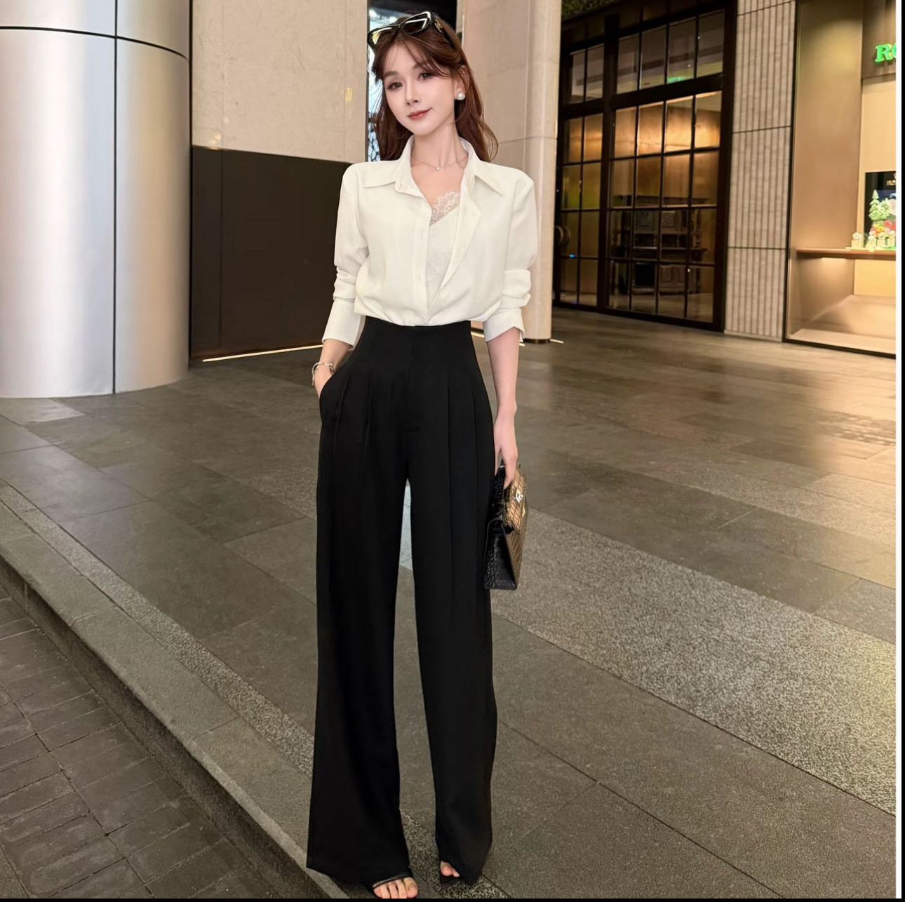 卡卡正品纯欲翻领蕾丝衬衫设计感百搭宽松上衣+高腰后松紧阔腿裤