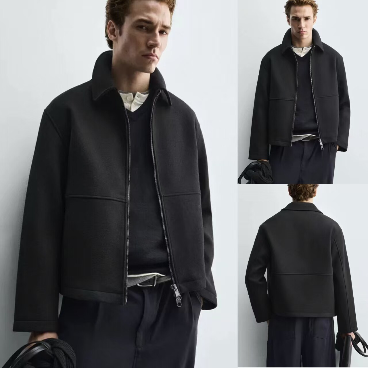 thumbnail for 2025 Autumn New Men's Casual Woolen Loose Lapel Zipper Textured Jacket Coat 8281211 800