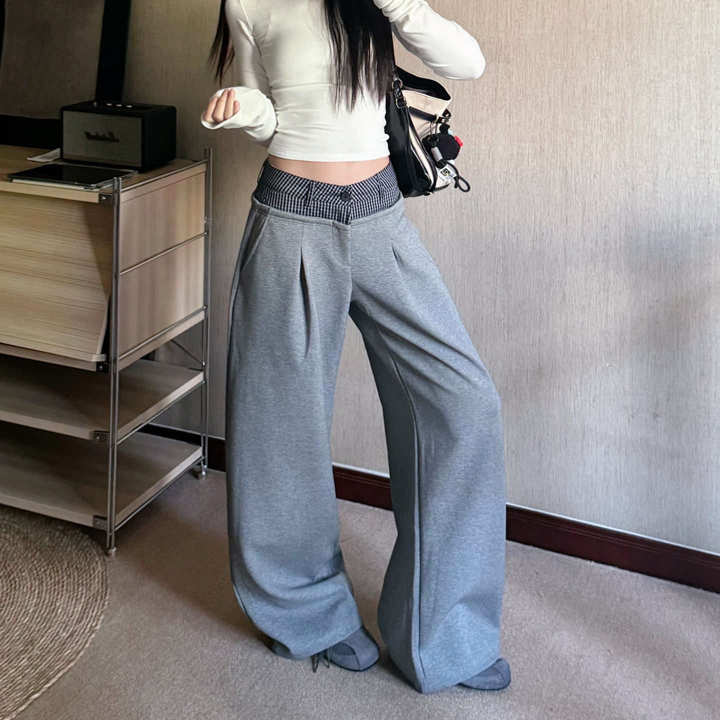 布人儿美式复古双腰头休闲卫裤女直筒宽松慵懒风垂感阔腿长裤子