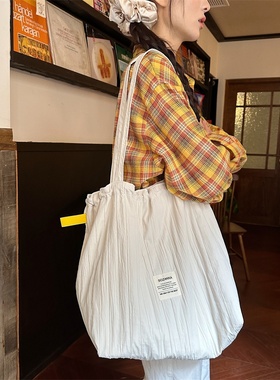 4941 新款条纹抽绳单肩包慵懒风托特布包大容量通勤包学生上课包
