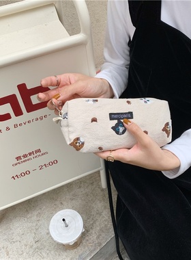 112161日式和风笔袋刺绣猫咪学生文具包大容量轻便布艺化妆收纳袋