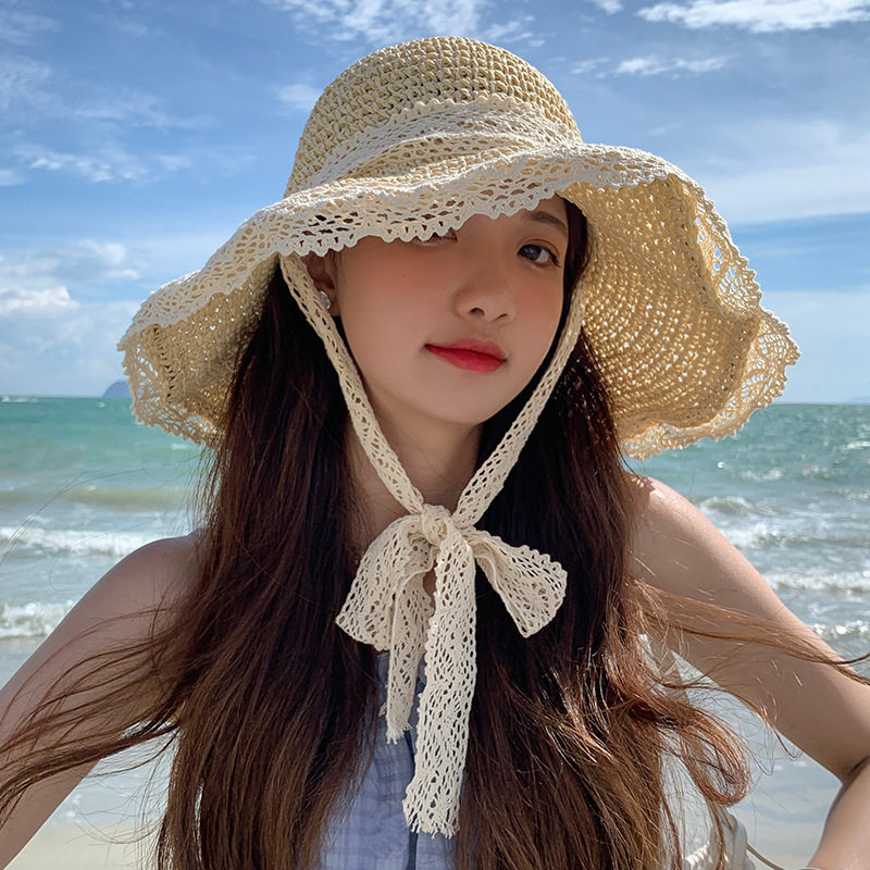 日本网红草帽女蕾丝系带沙滩赫本风度假小清新防晒遮阳太阳帽子夏