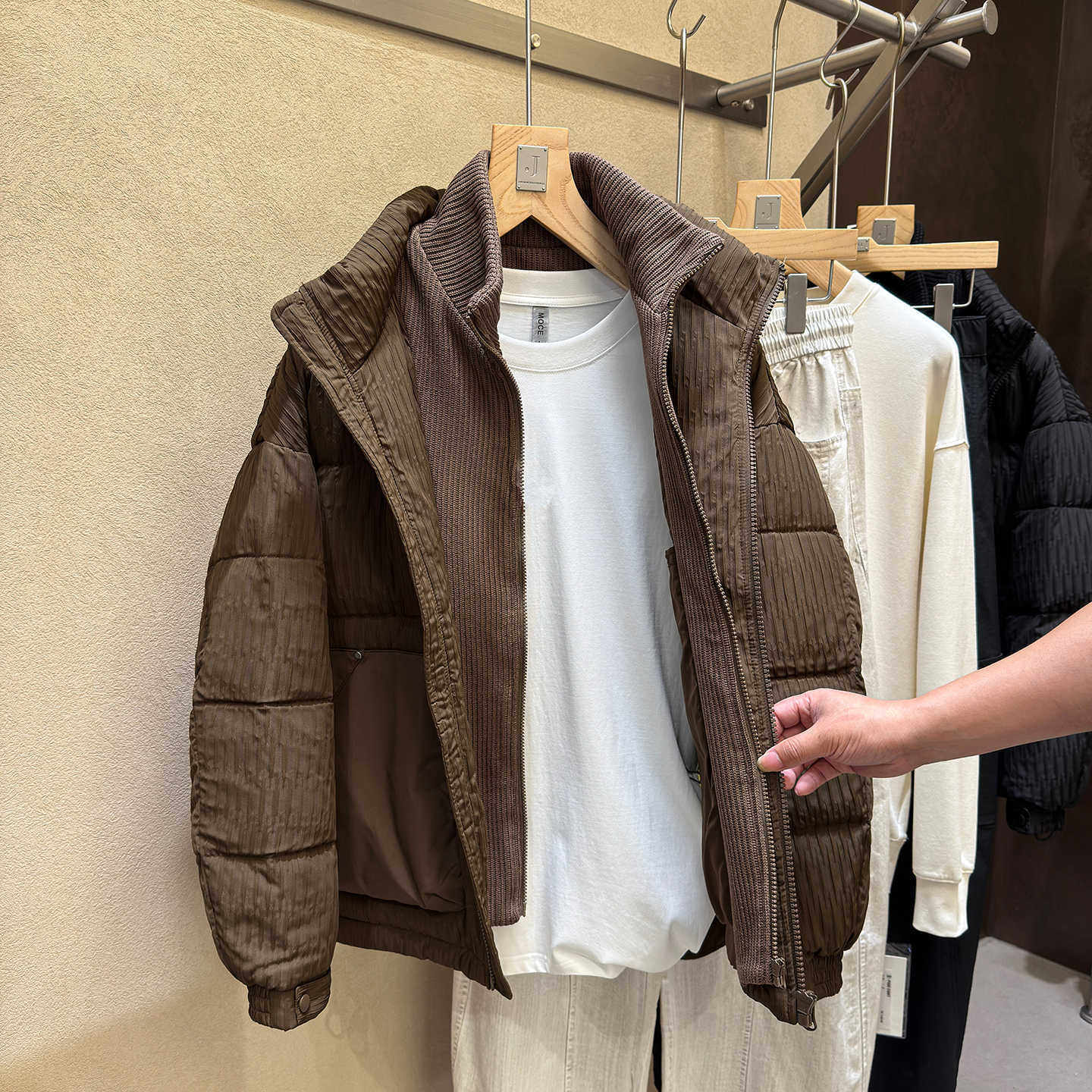 绅士风外套男设计师款鸭绒假两件男士针织拼接羽绒服外套上衣男潮