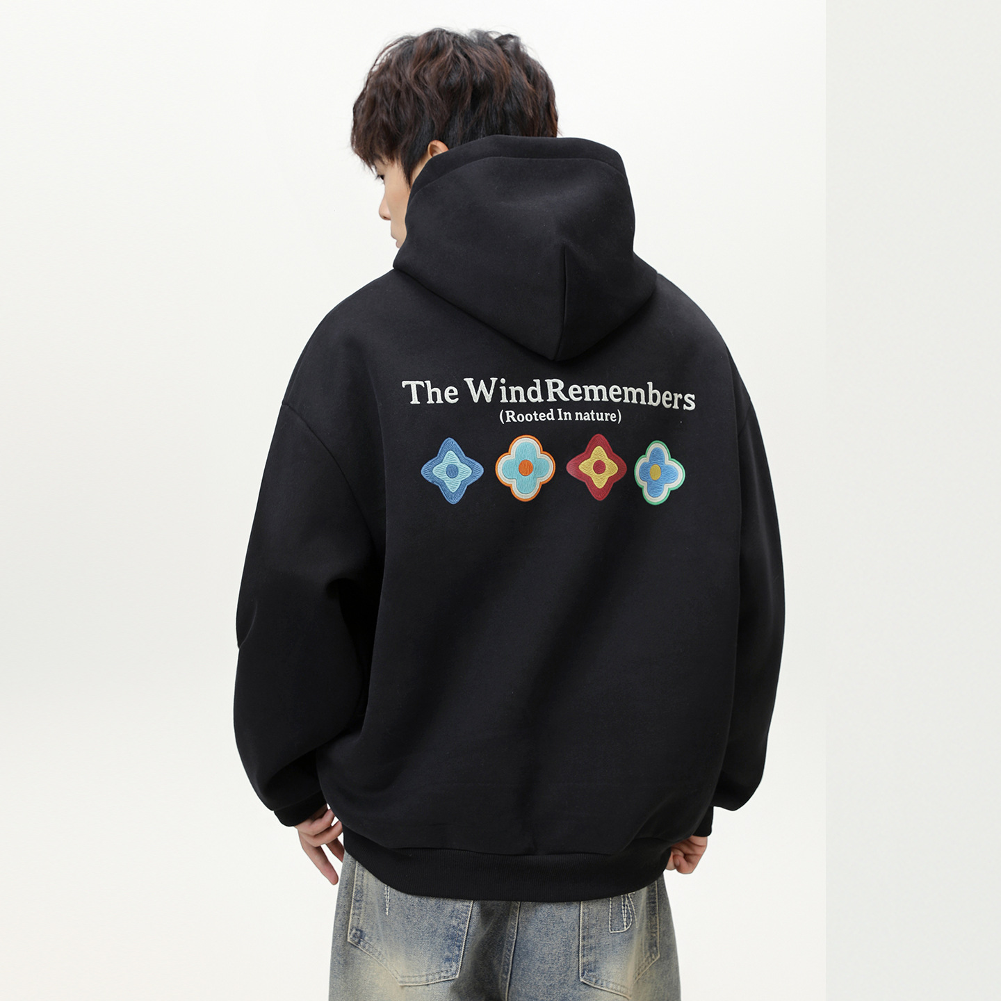 撞色花瓣印花美式连帽卫衣秋季款潮牌宽松重磅质感运动帽衫外套男