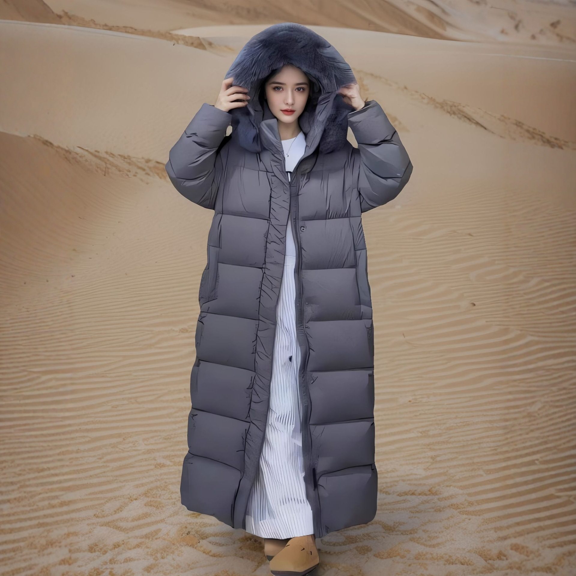 高端白鹅绒羽绒服女超长款到脚踝狐狸大毛领加厚宽松大码女装外套