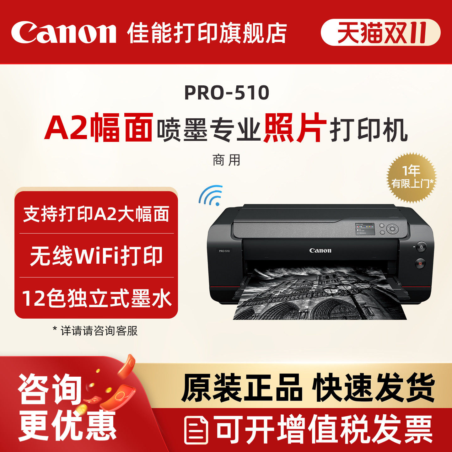 佳能旗舰店新品PRO-510喷墨A2/A3+幅面喷墨专业照片打印机12色独立式墨水无线WIFI影楼照相馆EOS影像艺术摄影