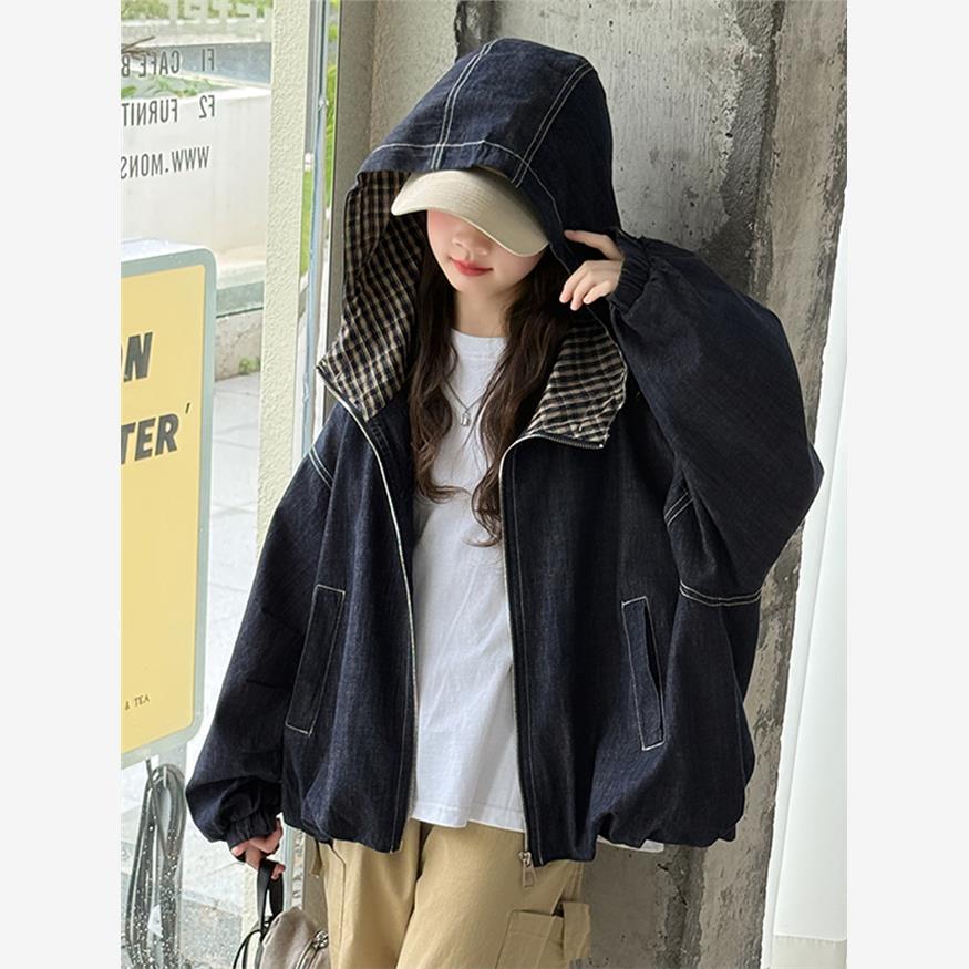 女生秋装牛仔外套2025新款初中生女孩连帽上衣外衣女大童春秋风衣