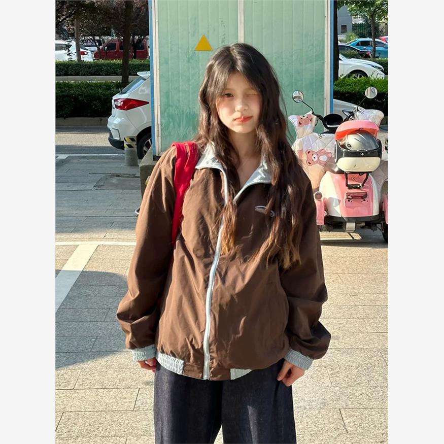 美式双面穿立领夹克外套女春秋款覆古潮牌运动休闲三条杠棒球服男