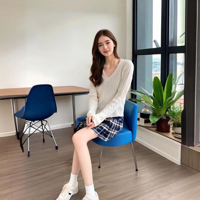 学院风V领麻花针织衫女修身显瘦长袖毛衣藏青色通勤上衣