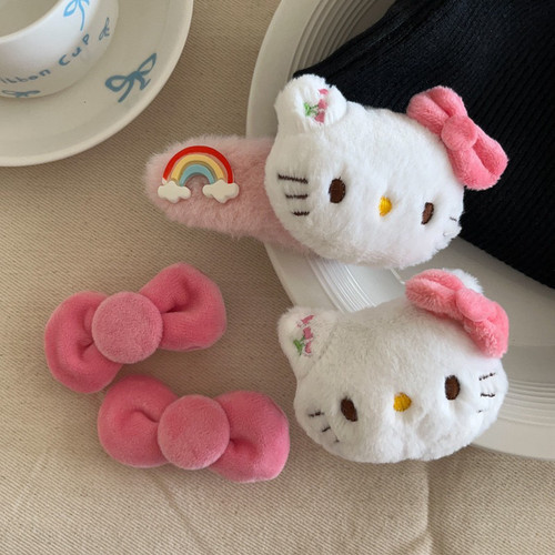 毛绒小猫粉色彩虹蝴蝶结边夹