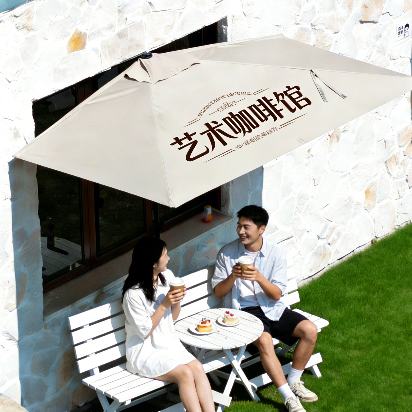 网红咖啡店民宿户外遮阳伞半边伞图片