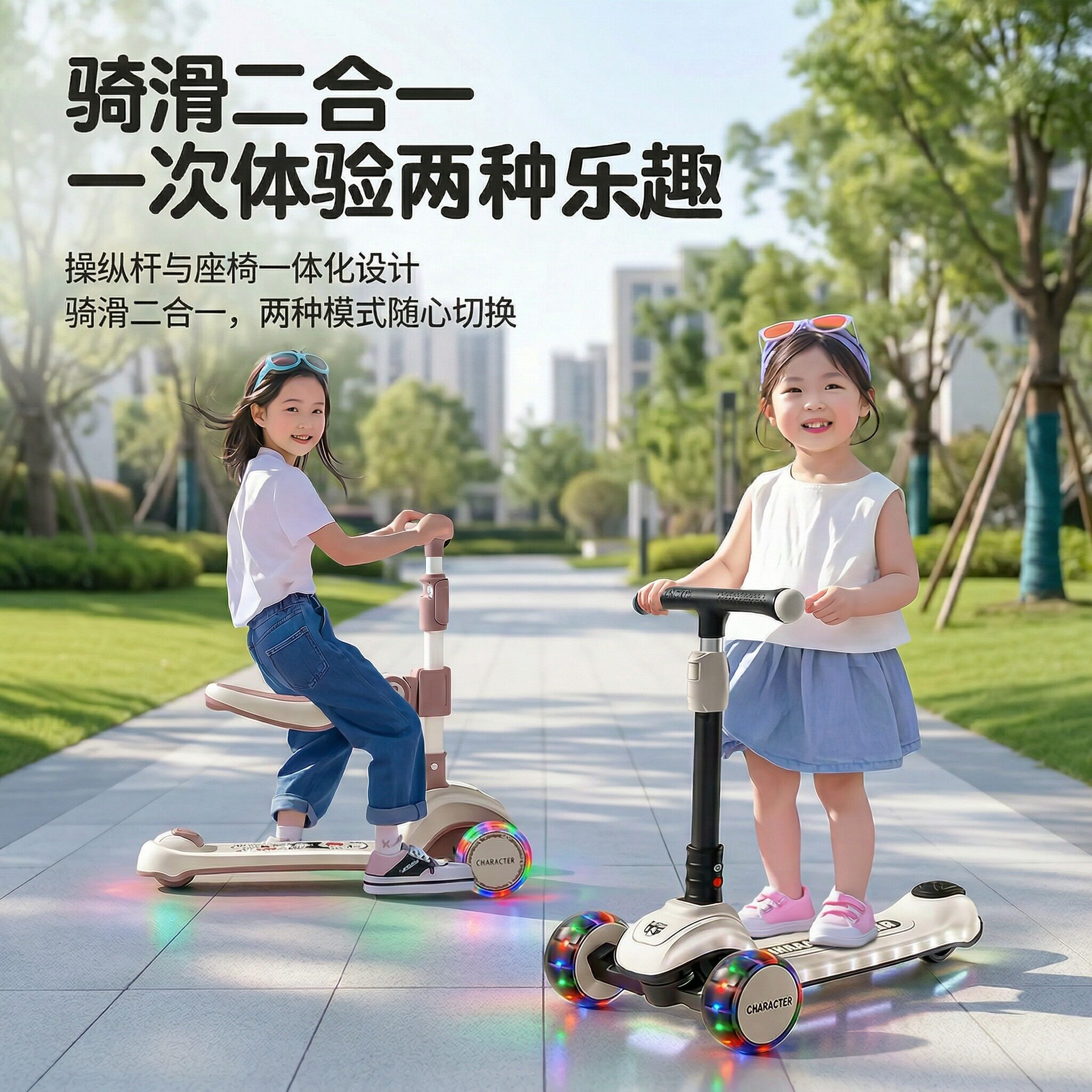滑板车6到12岁儿童1到3岁骑滑二合一踏板平衡2026新款折叠多功能
