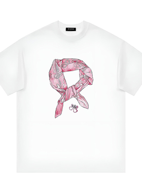 2026SS美式复古小香风轻奢手绘艺术系列丝巾短袖T恤重磅纯棉情侣