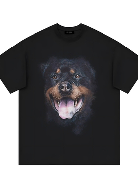 orisafour美式重磅短袖纯棉T恤 狗头罗威纳印花 宽松大码情侣上衣