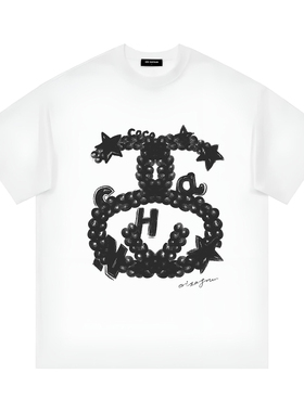 2026SS法式重磅纯棉短袖T恤手绘涂鸦珍珠小香风轻奢宽松大码情侣t