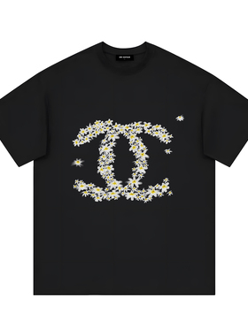 26SS恶搞潮牌双C小香风轻奢 栀子花手绘涂鸦 重磅宽松纯棉短袖t恤