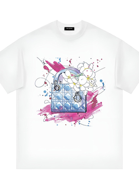 2026SS欧洲站手绘涂鸦包包玉兰花艺术设计oversize轻奢短袖T恤