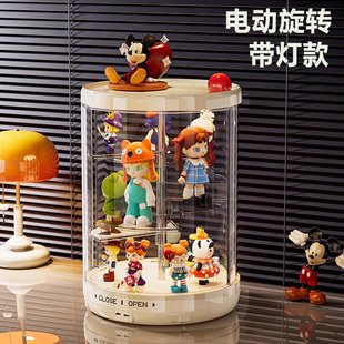 日本电动旋转盲盒收纳展示架防尘透明带灯公仔玩偶手办盲盒展示柜