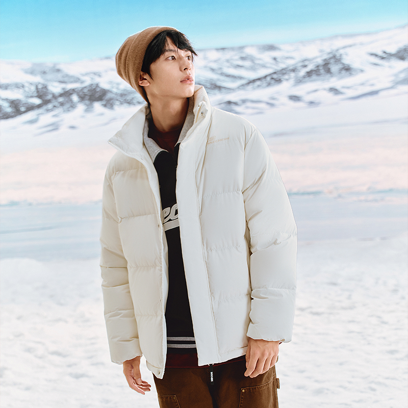 斯凯奇男女同款冬季短款简约运动羽绒服立领保暖防风鸭绒羽绒外套