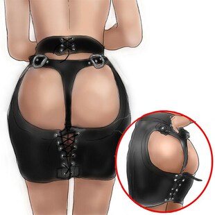 HotX Ass Mini Chastity Pants Skirt Sexy Lingerie Black PU Le