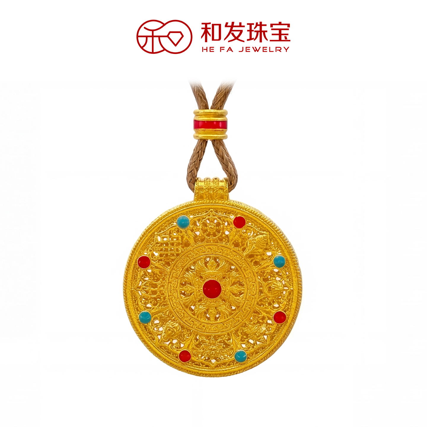 和发珠宝 珐琅彩八宝罗盘古法黄金吊坠 999足金挂坠 女士黄金项链