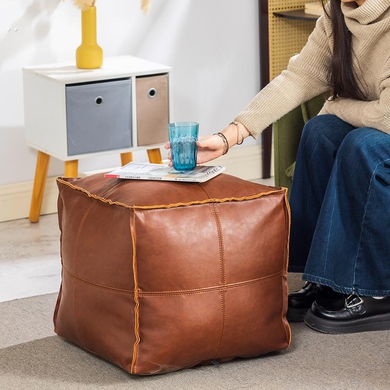 轻奢皮墩子客厅沙发凳坐垫手工脚踏换鞋矮凳家用旧衣物收纳软凳