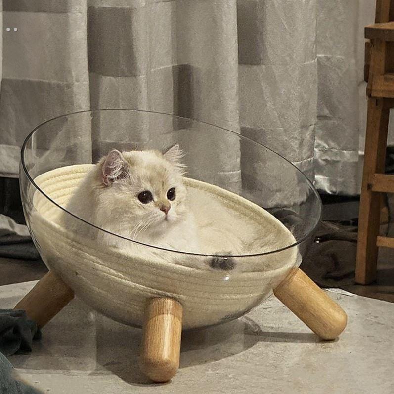 太空舱猫窝四季通用高透冰窝半封闭亚克力实木转盘猫玩具猫床一体