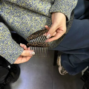 复古豹纹椭圆发梳女金属梳齿懒人发梳配裙子发饰日韩发插梳倒插梳