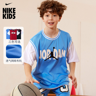 Nike/耐克童装24夏季儿童网眼假两件篮球服JORDAN男童速干短袖T恤