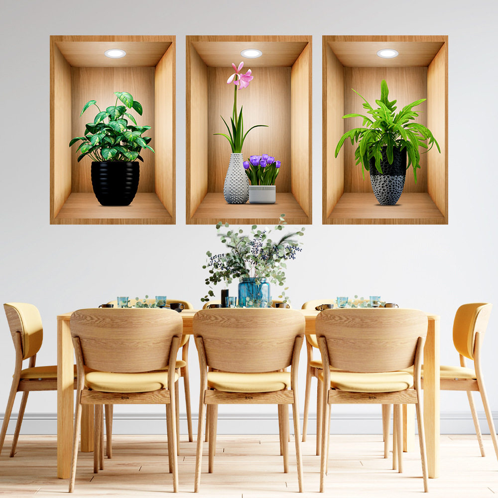 3D盆栽三联贴画过道楼梯门口装饰画宾馆餐厅墙面植物花卉贴画
