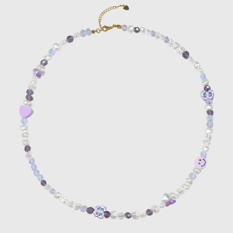 [PUCKR]ZHOU YUTONG 같은 스타일의 보라색 크리스탈 비즈 목걸이 진주 사랑 미소 나비 쇄골 체인