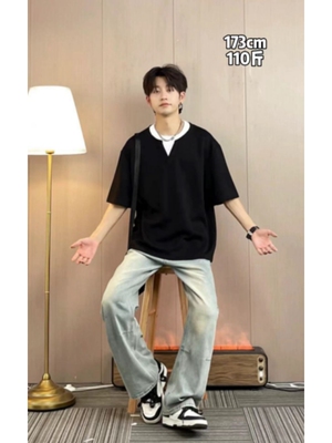 假两件短袖T恤夏季V领青少年