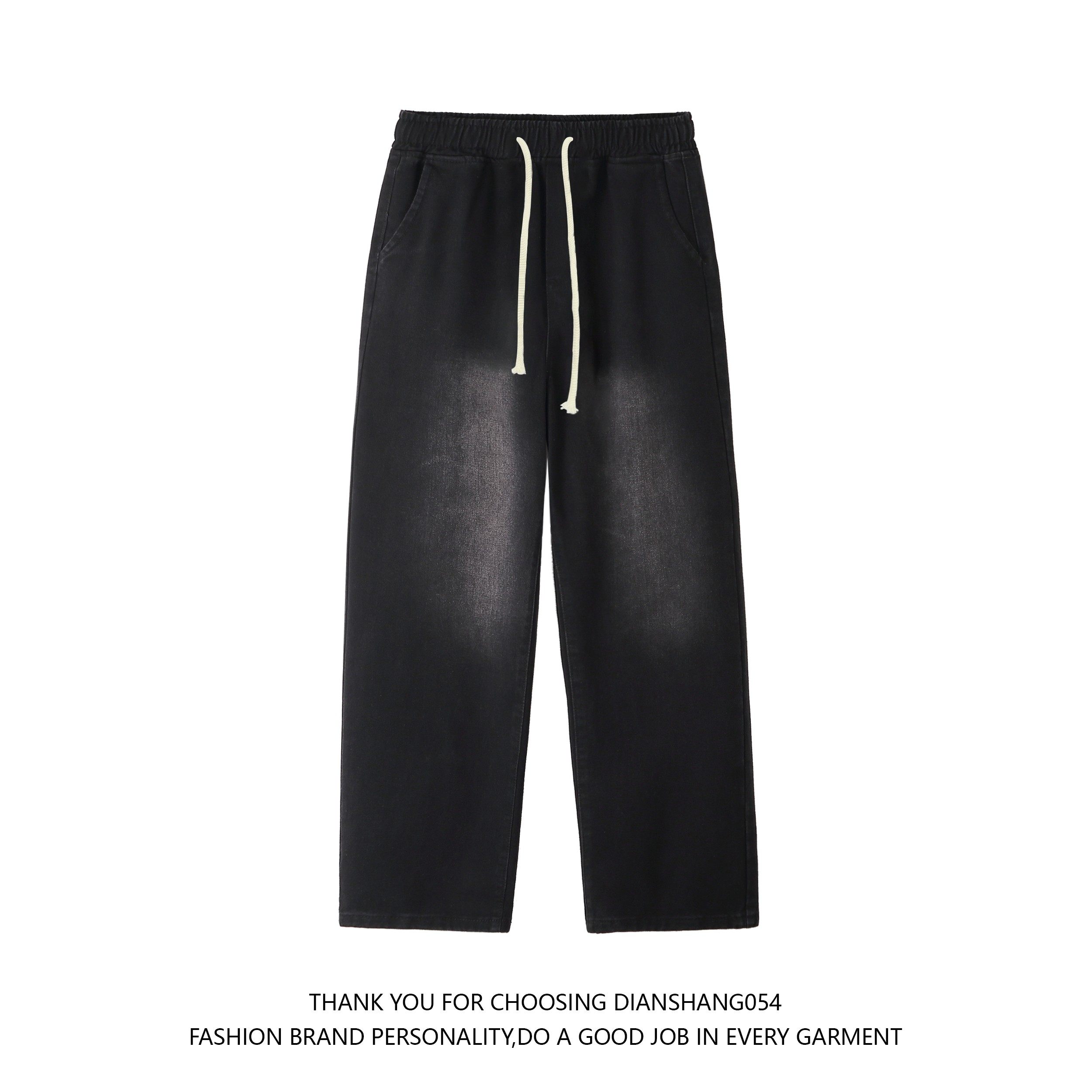 郑一穿搭【东港牛仔黑】美式黑色做旧大码抽绳宽松直筒牛仔裤男