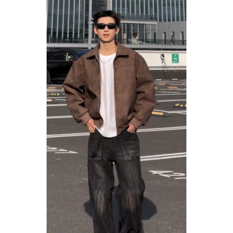 大雄小个子穿搭冬季美式铆钉加棉皮衣夹克男潮流做旧休闲棉衣外套