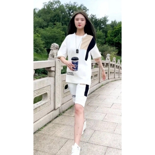 夏季男士韩版休闲短袖套装夏季撞色字母印花圆领T恤运动两件套