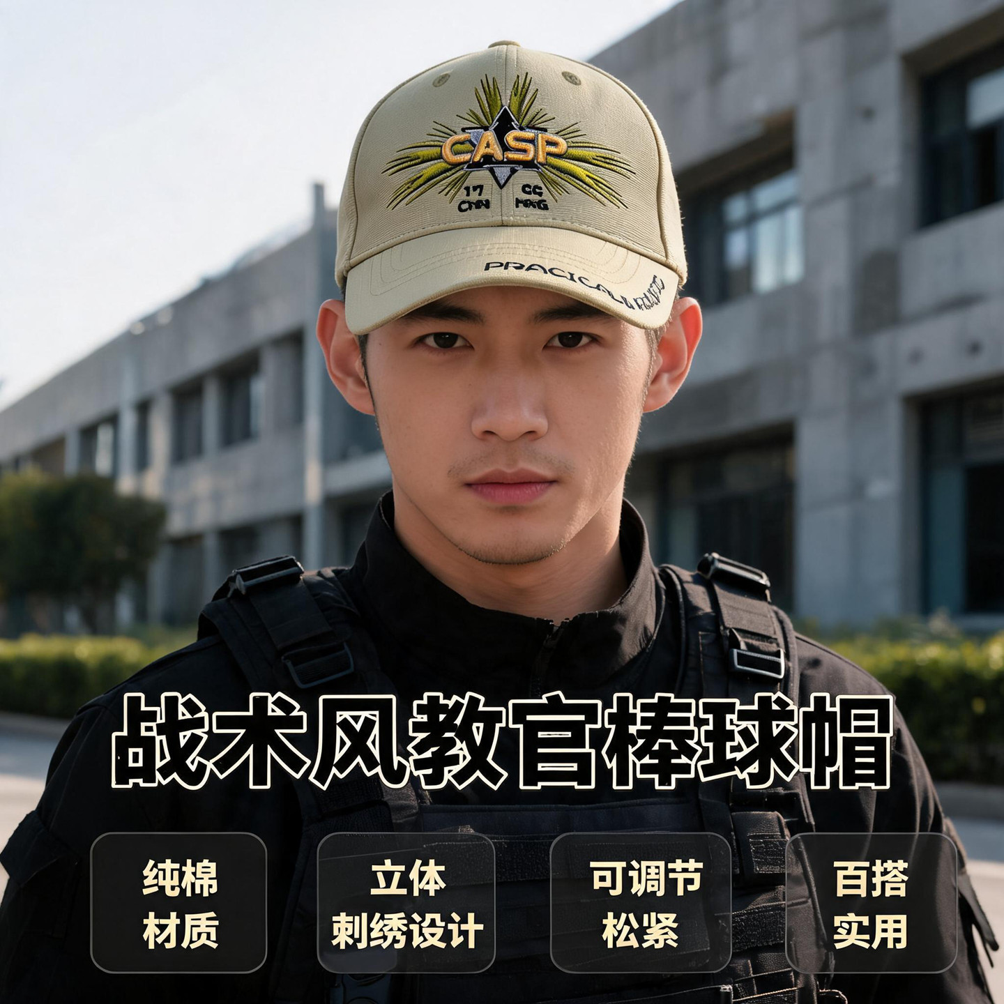 CASP帽子棒球帽通勤卡其LOGO铁骑作训刺绣帽檐鸭舌帽纯棉教官帽
