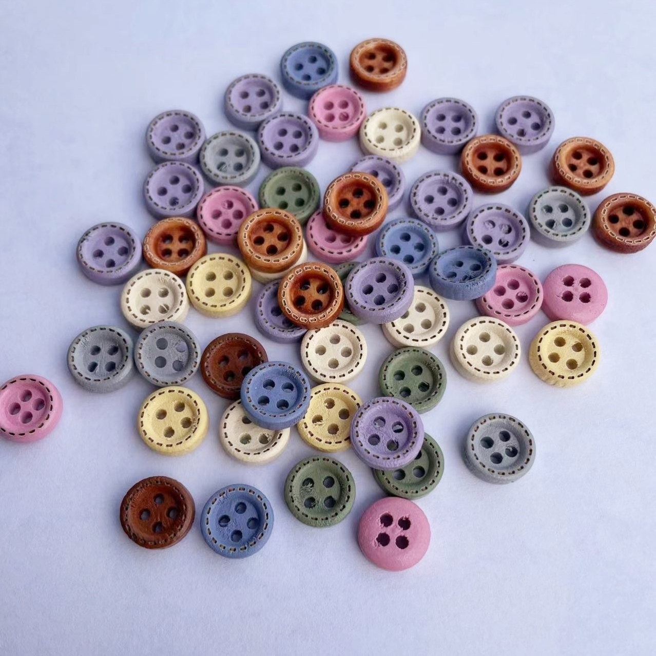 木制纽扣10mm四孔细边虚线小纽扣木质马卡龙色DIY手工儿童宝宝衣