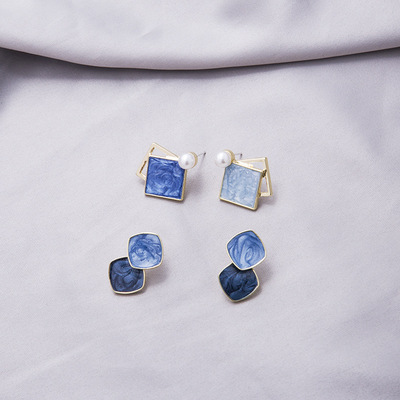 银针滴油撞色珍珠螺丝夹耳钉个性简约几何耳环日韩雾霾蓝耳饰