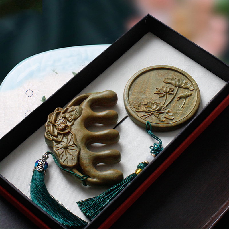 复古天然按摩梳镜套装绿檀木梳通头部经络梳子面部头皮宽齿按摩