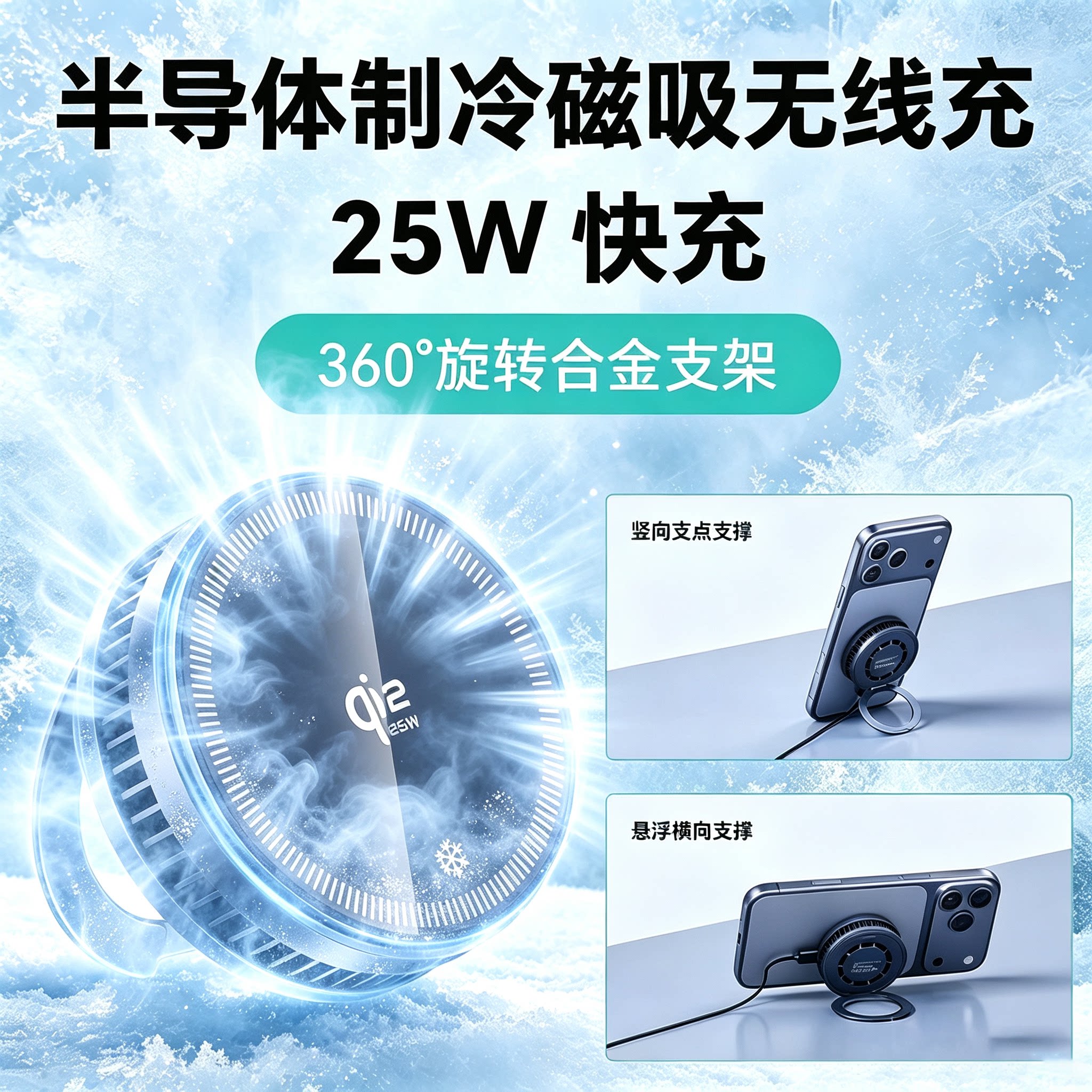 支点冰感充适用苹果手机无线充电器半导体散热iPhone17ProMax磁吸MagSafe底座16背夹15快充2.0半导体制冷支架