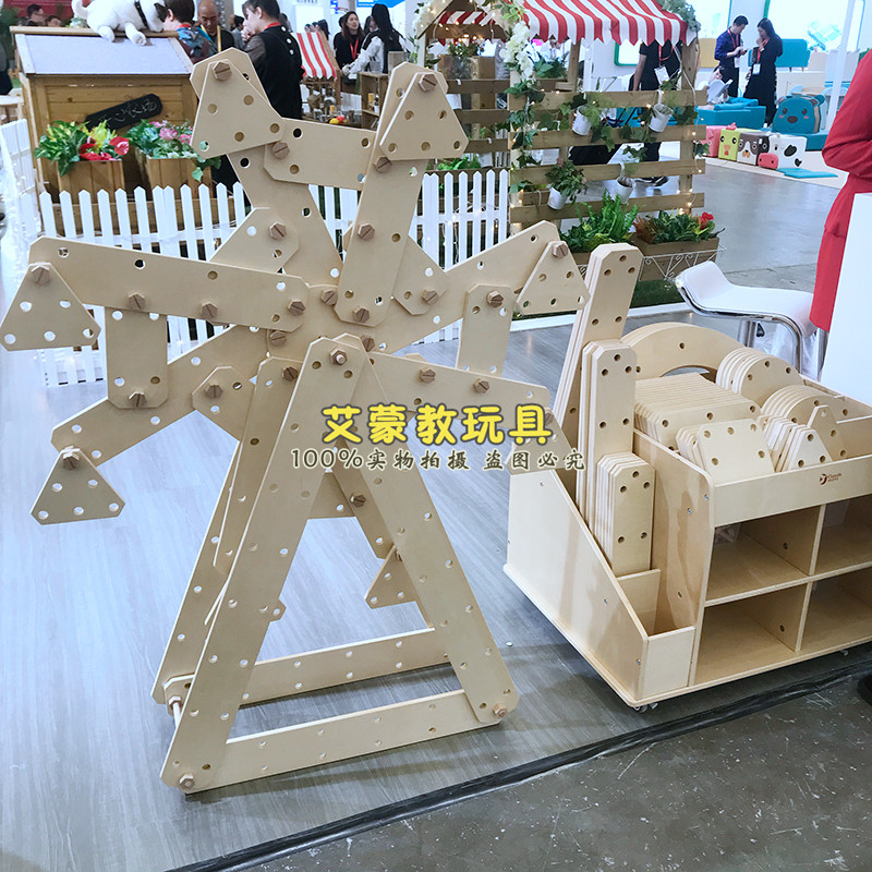 幼儿园大型原木色拼装积木螺母钉拼搭积木构建组合积木移动收纳车